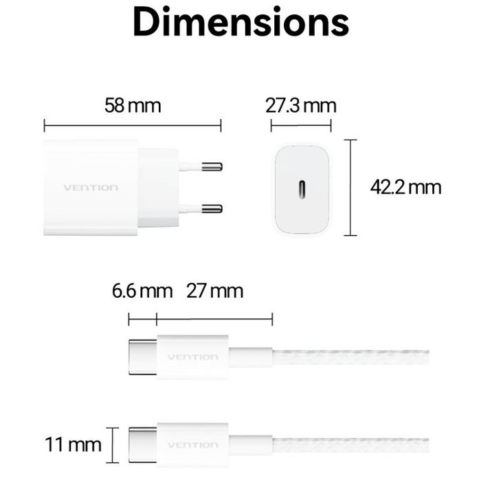 Vention Cargador de Pared 20W con USB-C y Cable USB-C Blanco G16W0-EU Vention Cargador de Pared 20W con USB-C y Cable USB-C Blanco G16W0-EU
